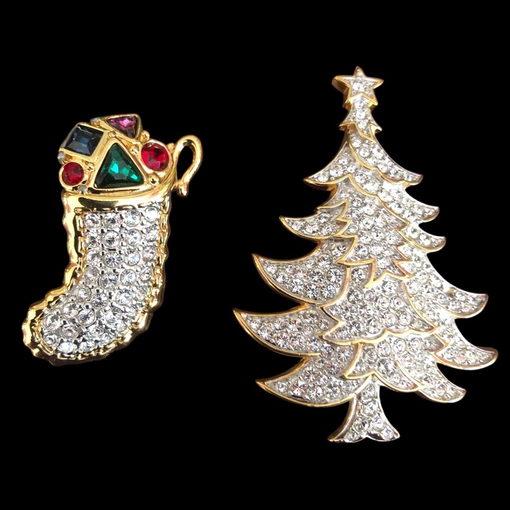Pair Swarovski Crystal Christmas Stocking and Tree Pins Brooches See Description